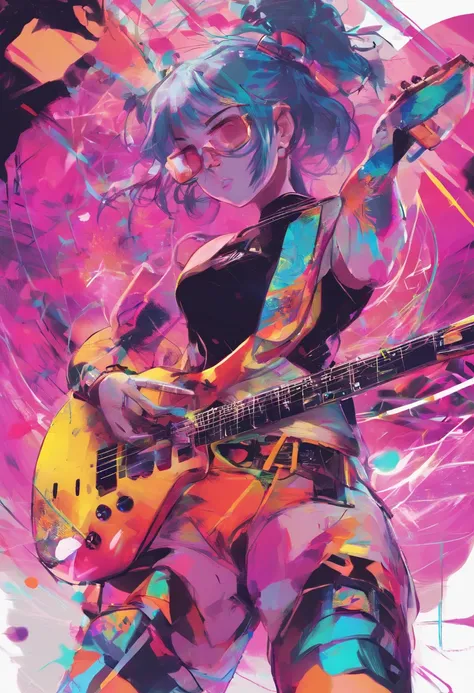 sports late，1 girl，guitar，Psychedelic punk style，very colorful，Trending at Art Station,