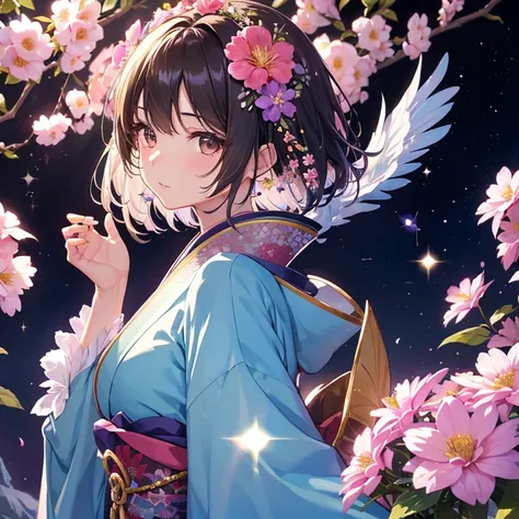 one girl、solo、bust、look away、Iridescent hair、hair ornaments、kimono、short hair、brown eyes、From the side、Upper body、gem、flower、髪にflower、magnificent、Sparkling、8K、dynamic pose、flowerが舞う