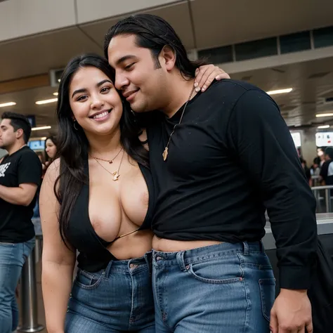 Chubby fat bbw nerdy latina young woman (20 years old), chubby belly, long straight black hair, wearing black shirt and blue jeans, Golden necklace,man hugging from behind, romantic kissing, passion Kiss, smiley expression,with several tall men, 4 men, in ...