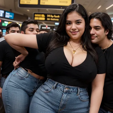 Chubby fat bbw nerdy latina young woman (20 years old), chubby belly, long straight black hair, wearing black shirt and blue jeans, Golden necklace,man hugging from behind, romantic kissing, passion Kiss, smiley expression,with several tall men, 4 men, in ...