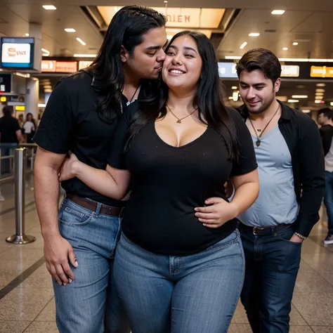 Chubby fat bbw nerdy latina young woman (20 years old), chubby belly, long straight black hair, wearing black shirt and blue jeans, Golden necklace,man hugging from behind, romantic kissing, passion Kiss, smiley expression,with several tall men, 4 men, in ...