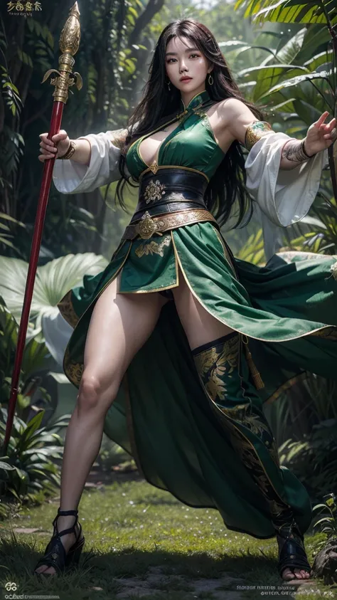 ((full body illustration)), high definition|quality|contrast. Magic fantasy art. an imposing Chinese warrior woman holding a staff in a combat pose, ((attack pose)), looking at the viewer, traditional dress in shades of green, tattoo on her leg, (swirl of ...