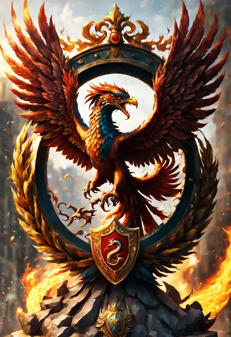 best quality,ultra-detailed,(realistic:1.37),highres,masterpiece:1.2,sharp focus,professionally executed,a battle shield with coat of arms using a phoenix bird and fanged snake theme,beautiful intricate detailing on the phoenix and fanged snake,explosions ...