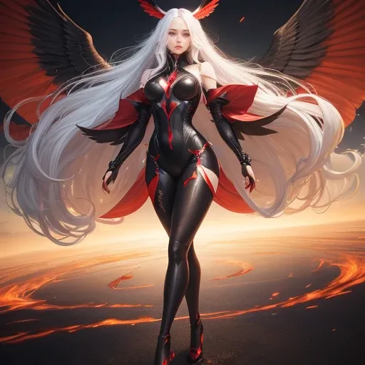 realistic details, full body portrait, pantyhose, beautiful shining face, long sexy lady, red and black tech sexy suit armor, long white hair, floating  windy hair, tech big black wings with red burning feather,  