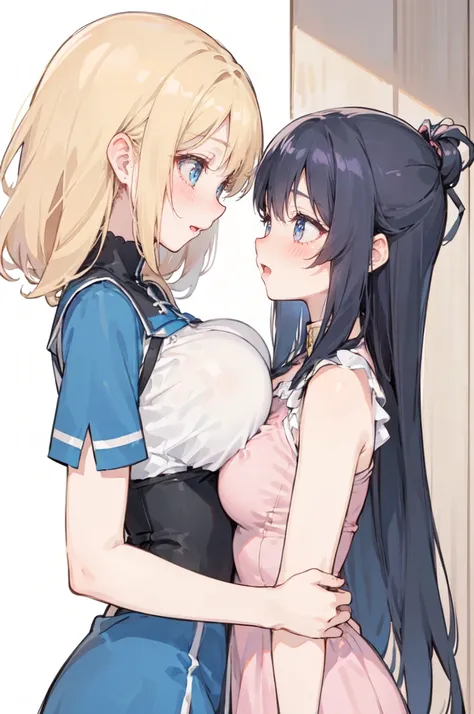 (2girls:1.5), (cleavage: 1.1), (girls bedroom: 1.1), (height difference: 1.4), (size difference: 1.3), (yuri: 1.5), (giant girl towering over a shorter girl: 1.1), (giant girl with much bigger breasts than a  flatchested girl: 1.1), (a tall giant girl doin...