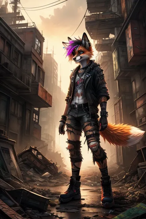 hi-res, good graphics, great anatomy, anatomically correct, detailed body, digital art, detailed background, post-apocalypse (nature overtake), piercings, vibrant fur colors, torn clothes, grunge punk style clothes, stunning environment, fox