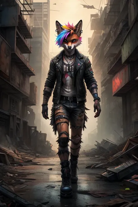 hi-res, good graphics, great anatomy, anatomically correct, detailed body, digital art, detailed background, post-apocalypse (nature overtake), piercings, vibrant fur colors, torn clothes, grunge punk style clothes, stunning environment, fox