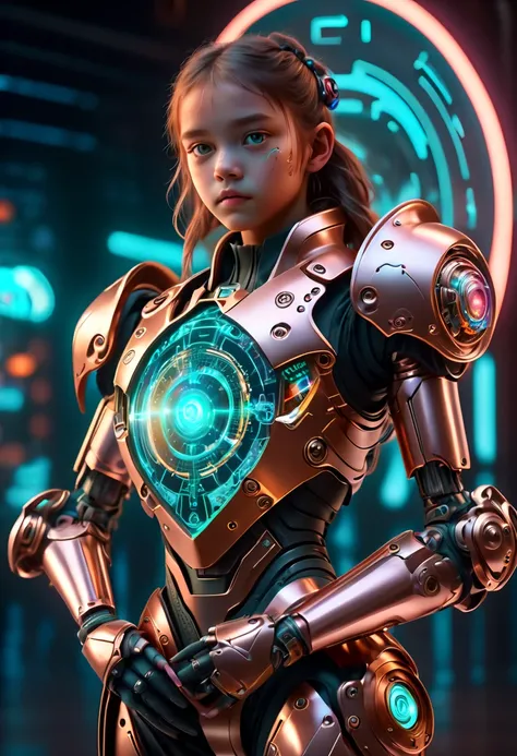 A girl from the future holding a large shield，cyberpunk，Holographic projection，Fault art，mechanical aesthetics，neon lights，Laser light，fluorescence，glow effect，liquid metal，Copper plate engraving，Unreal Engine