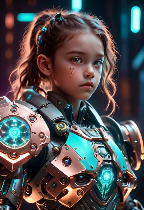 A girl from the future holding a large shield，cyberpunk，Holographic projection，Fault art，mechanical aesthetics，neon lights，Laser light，fluorescence，glow effect，liquid metal，Copper plate engraving，Unreal Engine