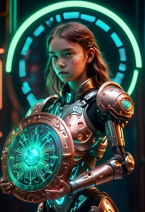 A girl from the future holding a large shield，cyberpunk，Holographic projection，Fault art，mechanical aesthetics，neon lights，Laser light，fluorescence，glow effect，liquid metal，Copper plate engraving，Unreal Engine