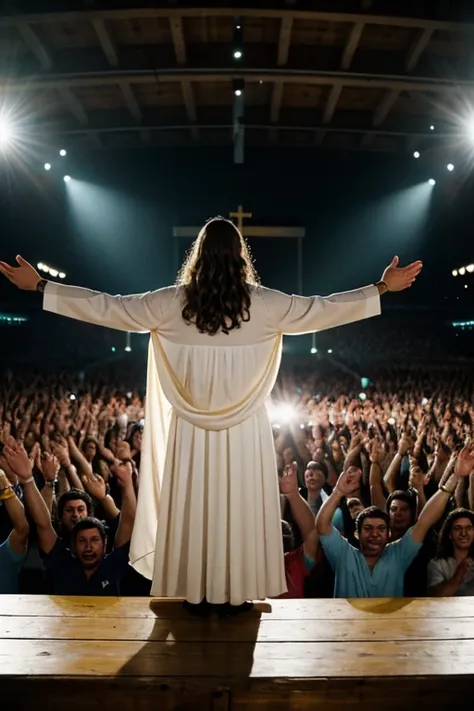 Jesus Cristo, 8k, imagem masculina, paz interior, luz baixa, cinematografico, alta qualidade, Talking to the crowd, arms raised, standing behind a table 