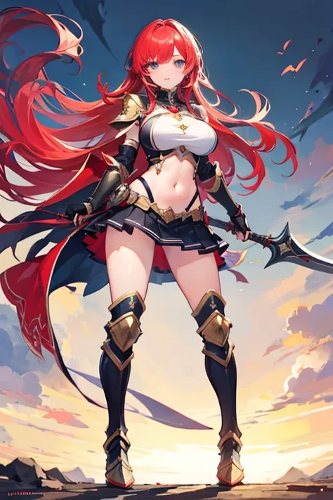 Masterpiece, Top Quality, Very Beautiful Girl, Beautiful Face and Eyes, Beautiful Hair, Solo, 1 Woman, Full Body Drawing, Dynamic Angle, (Armor: 1), Red Hair, Long Hair, Navel Out, Skirt, Battle Axe, Perfect Bust, Taut Breasts, Amazing Bust, Huge Breasts, ...