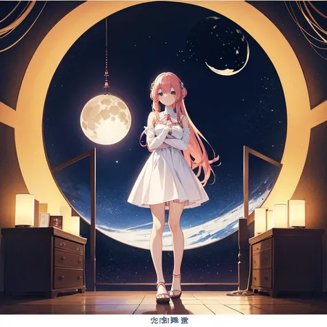 anime girl in a dress standing in a room with a large moon in the background, an anime drawing by Yuumei, pixiv, magical realism, best anime 4k konachan wallpaper, anime art wallpaper 8 k, anime art wallpaper 4 k, anime art wallpaper 4k, 4k anime wallpaper...