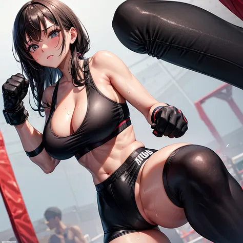 individual，girl，boxing，Gloves，Knee socks，Black sports bras，sexy，Big breasts，long legs，cleavage，ring，sweating，8k，Super detailed，high quality