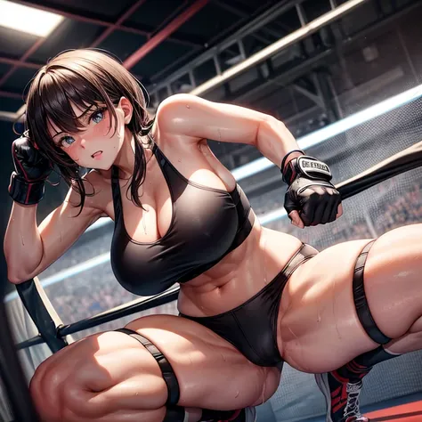 individual，girl，boxing，Gloves，Knee socks，Black sports bras，sexy，Big breasts，long legs，cleavage，ring，sweating，8k，Super detailed，high quality