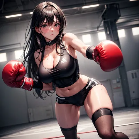 individual，girl，Boxing practice，boxing gloves，Knee socks，Black breast patch，sexy，Big breasts，cleavage，ring，8k，Super detailed，high quality，emaciated，sweating，long black hair