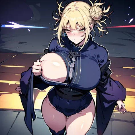 great quality, (1 women), very focused face, himiko toga, perfect eyes, (standing), (wearing mage robe), mage robe, magic, (casting), blonde pony tail, strong shadows, full body, detailed face, (casting spell), blue flashes of light, blue sparks, in battle...