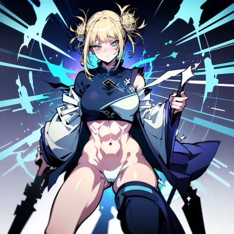 great quality, (1 women), very focused face, himiko toga, perfect eyes, (standing), (wearing mage robe), mage robe, magic, (casting), blonde pony tail, strong shadows, full body, detailed face, (casting spell), blue flashes of light, blue sparks, in battle...