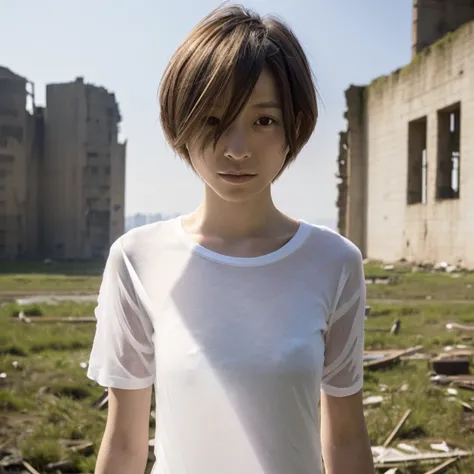 A Japanese Lady, look at viewr, ((very Short hair)), (((skinny:1.3)), 27-years old . day, Outdoors, Post-apocalypse, Ruins, ((see-through white t-shirt:1.2)), naked,