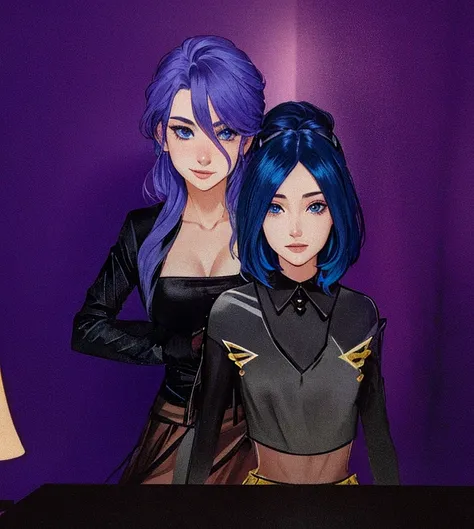 two women with blue hair and black clothes, medium shot of two characters, evil smiles, in a dark room