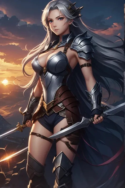 1girl, cloud, weapon, sky, armor, breasts, cloudy sky, long hair, solo, cleavage, sunset, twilight, outdoors, holding weapon, looking at viewer, holding, gauntlets, cleavage