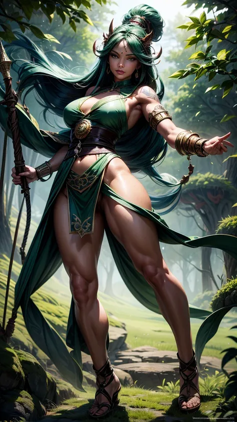 ((full body illustration)), high definition|quality|contrast. Fantasy art. an woman warrior holding a staff, ((attack pose)), looking at the viewer, Eastern traditional combat costume in shades of green, tattoo on her leg, (swirl of leaves around her:1.5),...