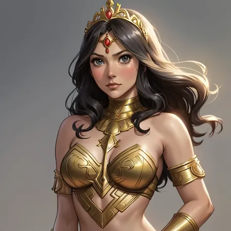 DC Comics, (emote:1), Eloise Mumford dressed as Dejah Thoris, by Frank cho and HR Geiger, barsoom, (sexy), ornate diadem, nearly naked, (1girl:1), (head shot:1.1), (dramatically sad), Gray background, one girl