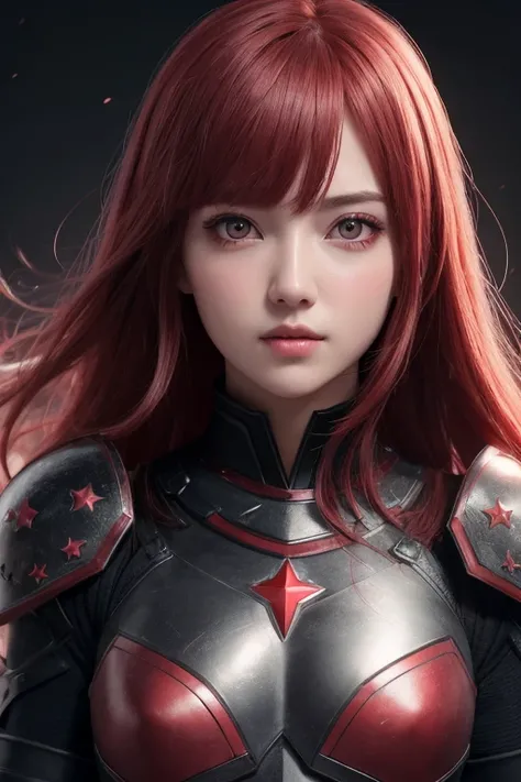 1girl, star eye, wear armor war, blush, perfect illumination, red hair, red eyes, unreal engine, sidelighting, detailed face, bangs, bright skin, simple background, dark background, zoom out