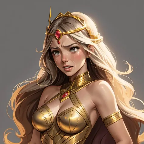 DC Comics, (emote:1), Eloise Mumford dressed as Dejah Thoris, by Frank cho and HR Geiger, barsoom, (sexy), ornate diadem, nearly naked, (1girl:1), (head shot:1.1), (dramatically crying), expressive face, Gray background, one girl