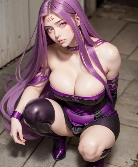 1girl, Best quality,Masterpiece,high resolution,Only, bustier , handsome,{Medusa_FGO:1.15},long_hair,purple_hair,very_long_hair,purple_eyes,blush_face,breasts,Big_breasts, bustier white, squatting