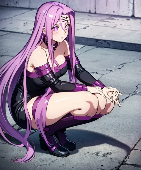 1girl, Best quality,Masterpiece,high resolution,Only, bustier , handsome,{Medusa_FGO:1.15},long_hair,purple_hair,very_long_hair,purple_eyes,blush_face,breasts,Big_breasts, bustier white, squatting