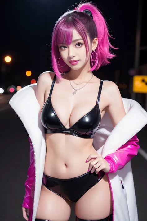 female idol、lipgloss、smiling face、smoky eyshadow、dramatic lashes、full body Esbian、shiny very large earrings（neon fuchsia)、shiny very large necklace（neon fuchsia)、(shiny glossy latex tight bra（neon fuchsia))、(shiny glossy latex tight hot pant（neon fuchsia))...