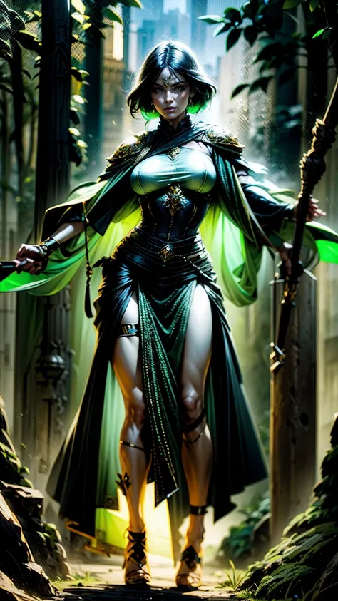 ((full body illustration)), a female warrior holding a staff in an attack position, wearing a costume in shades of green, around...