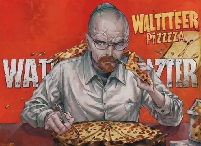 Walter White eating Nachos Pizza on Pizza Hut, by Guillaume Renard 