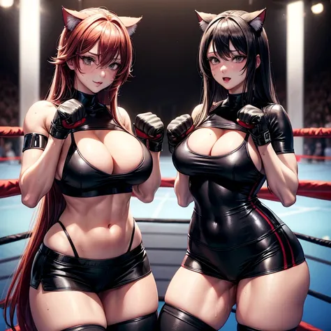 individual，Beauty，Realistic boxing gloves，Knee socks，black swimsuit，miniskirt，sexy，Big breasts，long legs，cleavage，Boxing ring，sweating，8k，Super detailed，high quality，long hair，Cat ear，nipple