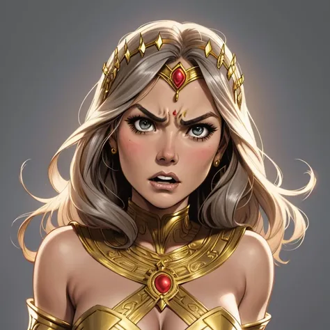 DC Comics, (emote:1), Eloise Mumford dressed as Dejah Thoris, by Frank cho and HR Geiger, barsoom, (sexy), ornate diadem, nearly naked, (1girl:1), (head shot:1.1), (dramatically angry), expressive face, Gray background, one girl