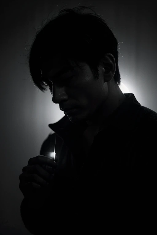 An Asian handsome man sending a message to a woman on his phone, in a dimly lit room, with only the silhouette of the man visible, (high contrast, silhouette:1.2) [low-key lighting], (no facial details, only outline:1.1) [subtle details], [muted colors], [...