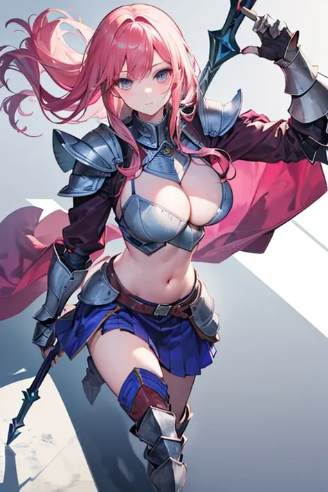 Masterpiece, Top Quality, Very Beautiful Girl, Beautiful Face and Eyes, Beautiful Hair, Solo, 1 Woman, Full Body Drawing, Dynamic Angle, (Armor: 2), pink Hair, Long Hair, Navel Out, Skirt, Battle Axe, Perfect Bust, Taut Breasts, Amazing Bust, Huge Breasts,...