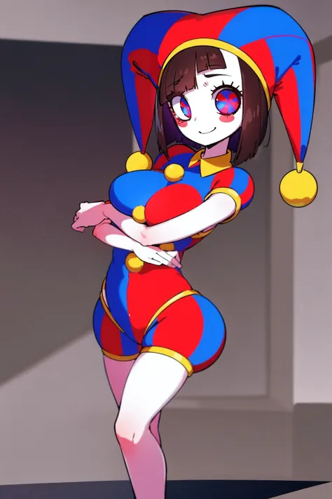 1girl, solo, indoors, full body, standing, smile, pomni, multicolored clothes, jester cap, puffy short sleeves, gloves, buttons,...