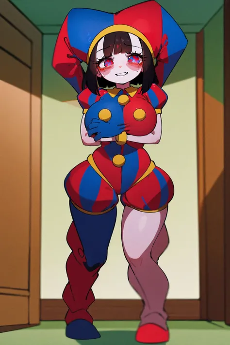 1girl, solo, indoors, full body, standing, smile, pomni, multicolored clothes, jester cap, puffy short sleeves, gloves, buttons, colored skin, symbol-shaped pupils, red eyes, blue eyes, huge breast, curvy, large pants