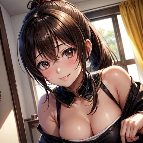 anime、beautiful girl、brown hair、black eyes shine、Change of clothes、room、smile、beautiful breasts、ponytail