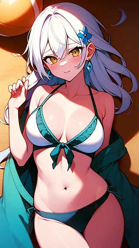 masterpiece, best quality, 1 solo girl, white hair, yellow eyes, wavy hair, long hair, medium breasts, mature body and face, white bikini, jewelry, hair ornament, earrings, ball, lying at the sand, white sand, summer, cowboy shots, sexy pose, dakimakura, d...