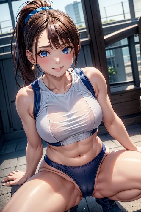 beautiful face、brown hair、((ponytail、deep blue eyes:1.2))、shiny and smooth hair, shy smile, 8k wallpaper that integrates high-definition CG, very detailed、cowboy shot、white gym uniform、Navy High Leg Bloomers、(((M-shaped legs), squat, spread your legs)), ar...