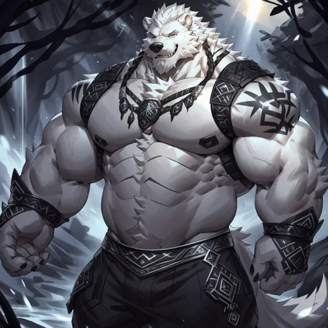 detailed sword , detailed hands, detailed finger, muscular fat furry male white wolf bear sword man, detailed RPG background, white hair, black beard, huge muscular arms, huge muscular chest, huge muscular belly, smiling, ultra detailed, intricate details,...