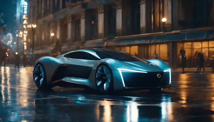 (masterpiece),Ominous futuristic car EV Designs takes center stage, Wet reflective pavement, iridescent paint, highly detailed rims, glowing rims, View from the front, Futuristic city background, prime time, [Cyberpunk Night City:1.3], 8K DSLR, Sharp, tack...