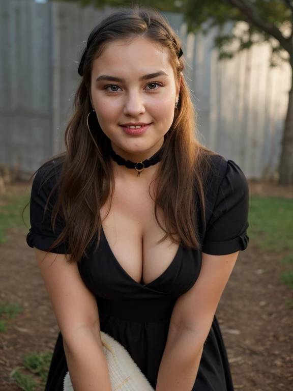  best quality, realistic, photorealistic, ultra detailed, extremely detailed face, solo,1girl,  very beautiful, chubby, cute, seducing,  chubby face, buck teeth, detailed teeth, standing, fashionable and trendy atmosphere, black dress, long blonde hair, ha...