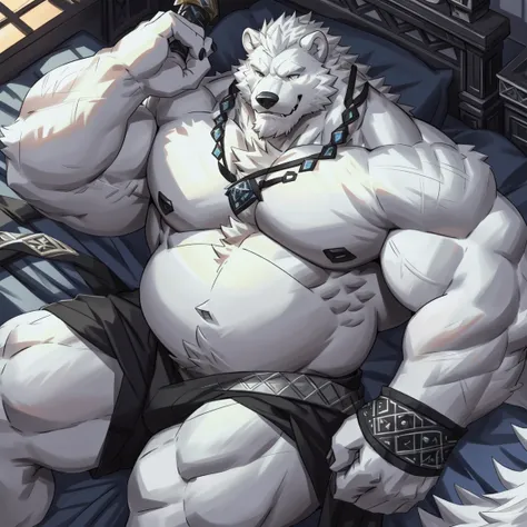 Aix:detailed sword,Detailed hands,Detailed hands指,Strong chubby furry male white wolf bear swordsman,Detailed RPG background,white hair,Black beard,huge strong arms,Huge and strong chest muscles,huge strong belly,Smile,super detailed,intricate details,Sunl...