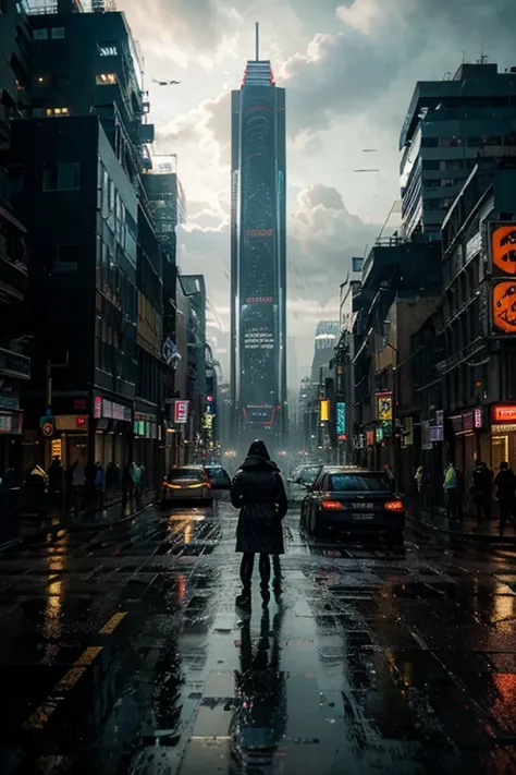A couple standing in the rain in front of a tall building.