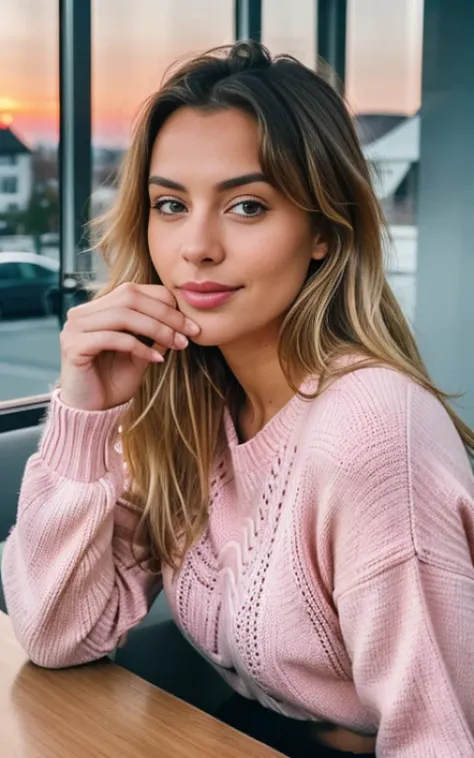 Beautiful blonde wearing pink sweater (Sipping coffee in a modern café at sunset), Sehr detailiert, 21 Jahre alt, Unschuldiges Gesicht, Natural wavy hair, blaue Augen, high resolution, Meisterwerk, best quality, Komplizierte Details, Sehr detailliert, scha...