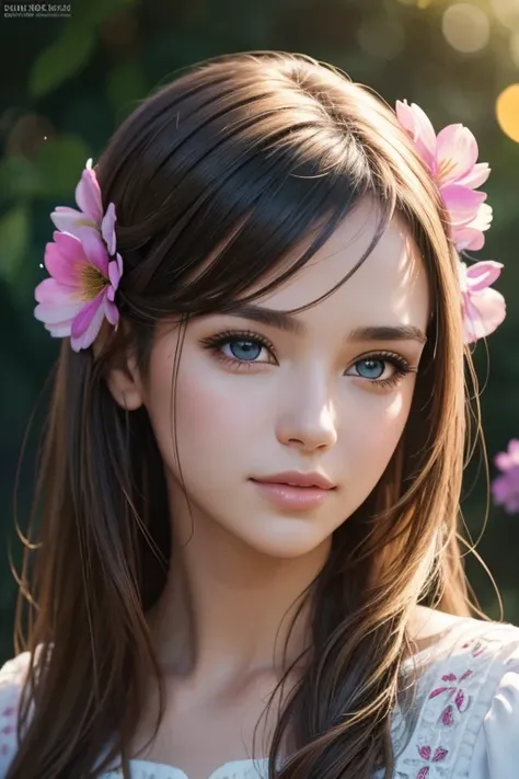 A young woman with long brown hair and blue eyes wearing a white dress and a flo
